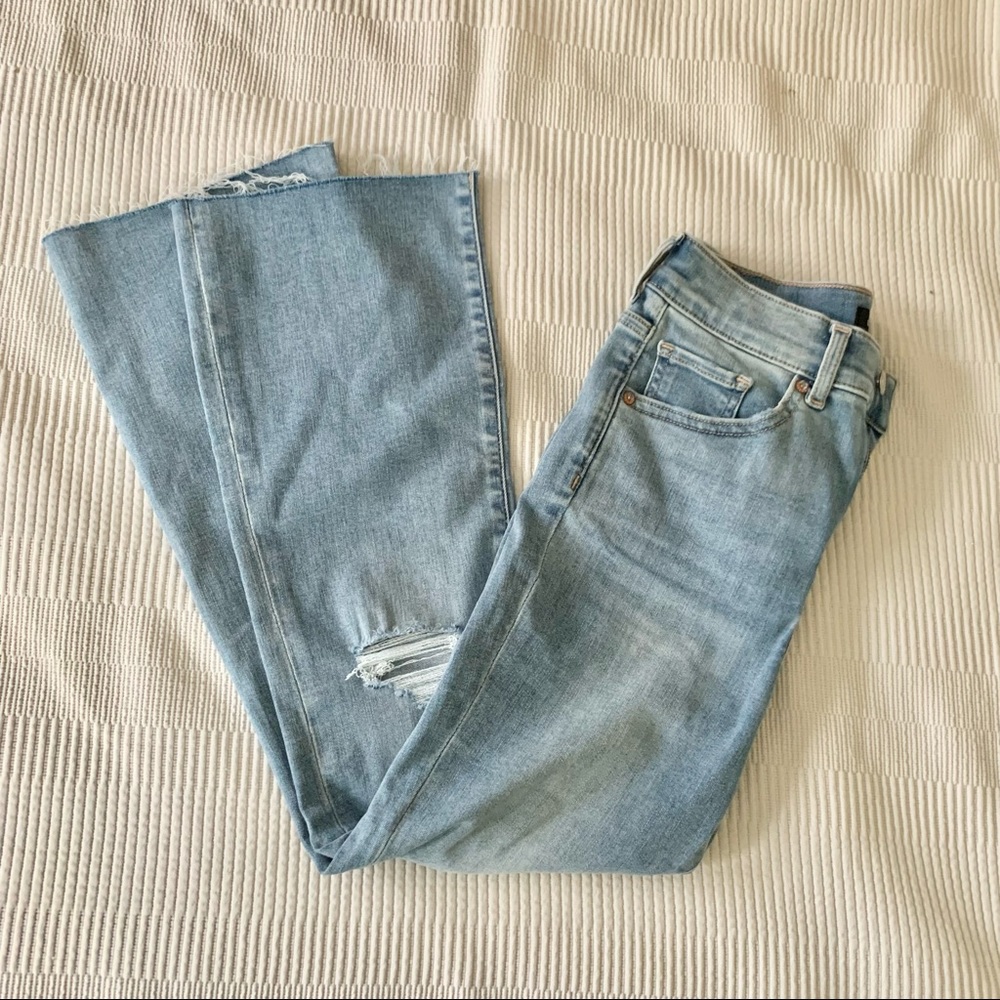 | express • distressed cropped flare hi rise denim jeans | - Picture 7 of 14
